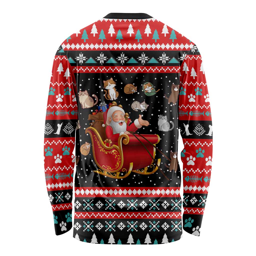 Funny Santa Long Sleeve Shirt with Cats for Everybody Quote and Red Christmas Pattern - Wonder Print Shop