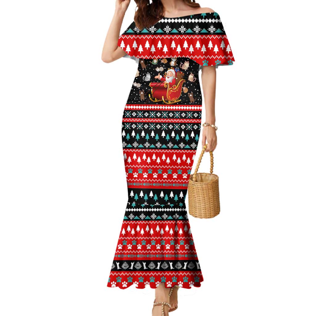 Funny Santa Mermaid Dress with Cats for Everybody Quote and Red Christmas Pattern - Wonder Print Shop