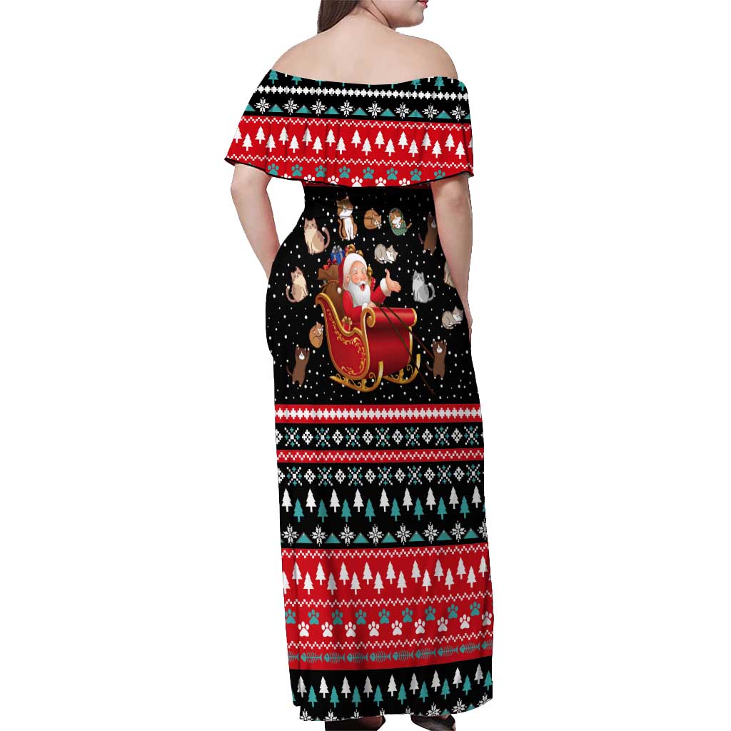 Funny Santa Off Shoulder Maxi Dress with Cats for Everybody Quote and Red Christmas Pattern - Wonder Print Shop
