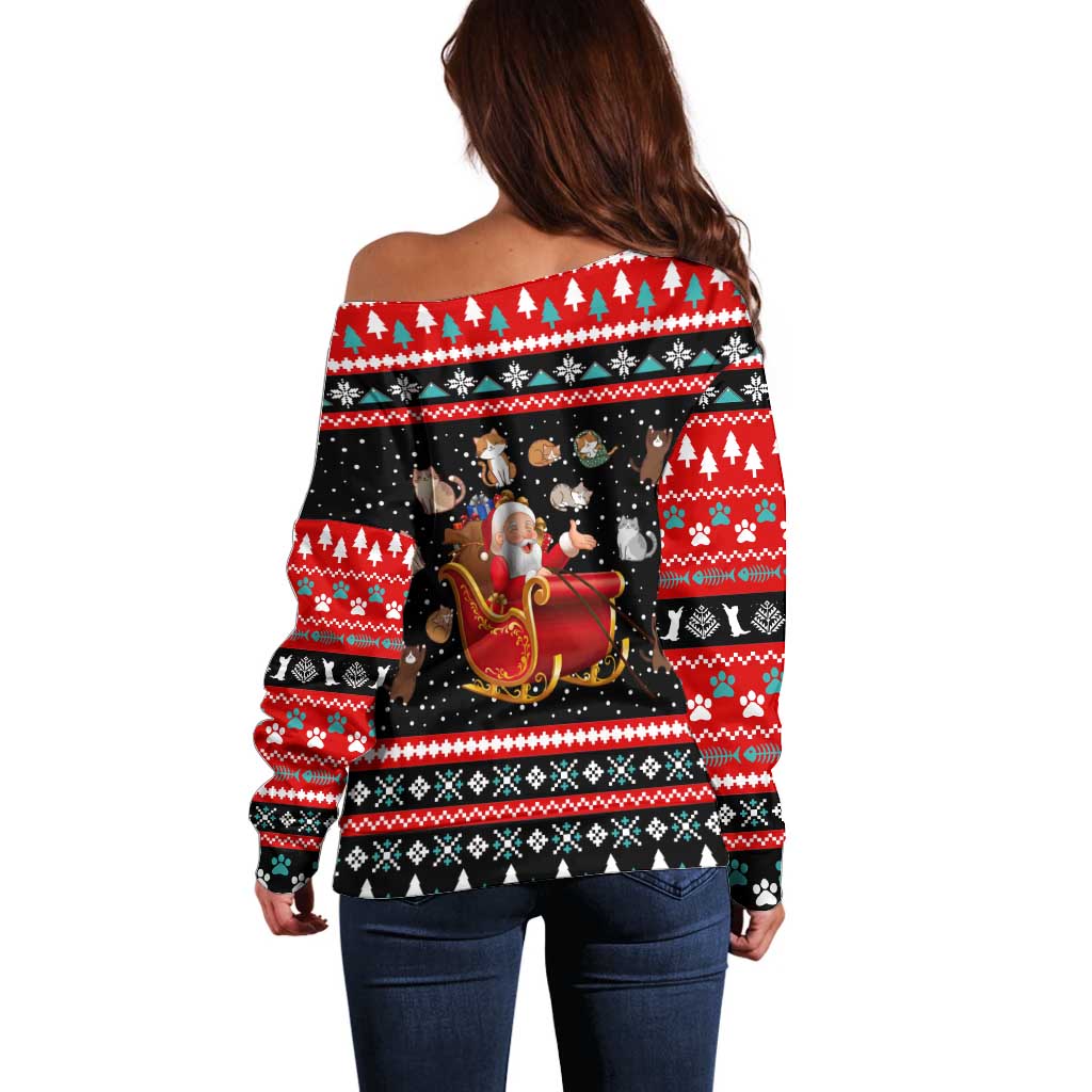 Funny Santa Off Shoulder Sweater with Cats for Everybody Quote and Red Christmas Pattern - Wonder Print Shop