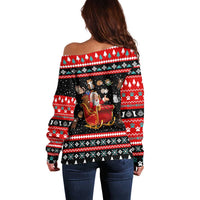 Funny Santa Off Shoulder Sweater with Cats for Everybody Quote and Red Christmas Pattern - Wonder Print Shop
