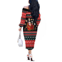 Funny Santa Off The Shoulder Long Sleeve Dress with Cats for Everybody Quote and Red Christmas Pattern - Wonder Print Shop