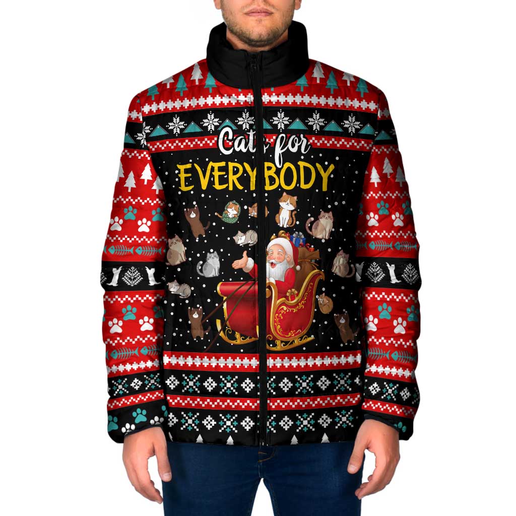 Funny Santa Padded Jacket with Cats for Everybody Quote and Red Christmas Pattern - Wonder Print Shop