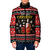 Funny Santa Padded Jacket with Cats for Everybody Quote and Red Christmas Pattern - Wonder Print Shop
