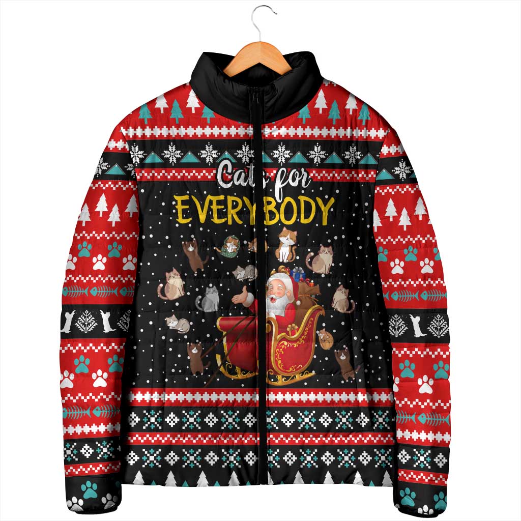 Funny Santa Padded Jacket with Cats for Everybody Quote and Red Christmas Pattern - Wonder Print Shop
