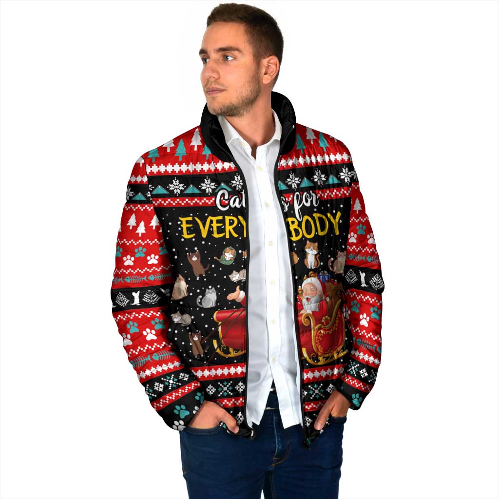 Funny Santa Padded Jacket with Cats for Everybody Quote and Red Christmas Pattern - Wonder Print Shop