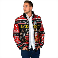 Funny Santa Padded Jacket with Cats for Everybody Quote and Red Christmas Pattern - Wonder Print Shop