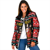 Funny Santa Padded Jacket with Cats for Everybody Quote and Red Christmas Pattern - Wonder Print Shop