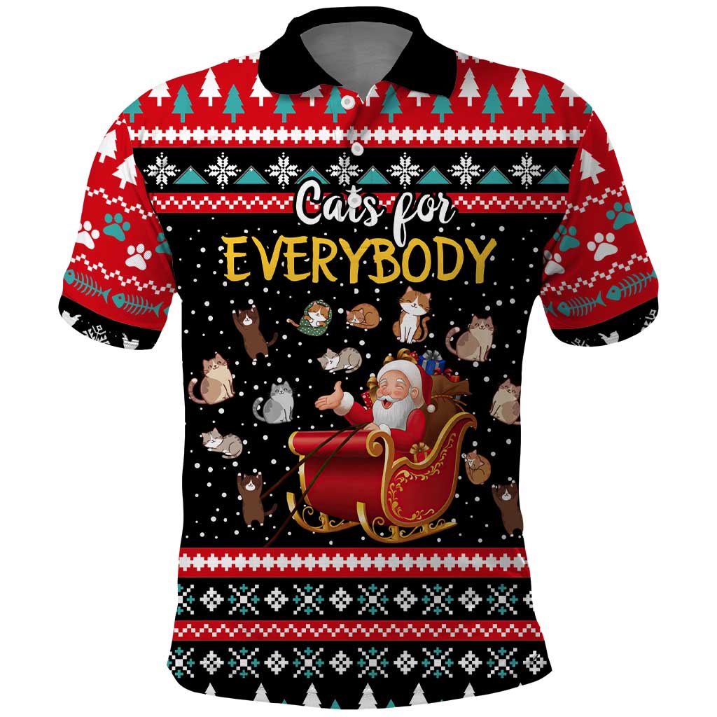 Funny Santa Polo Shirt with Cats for Everybody Quote and Red Christmas Pattern - Wonder Print Shop