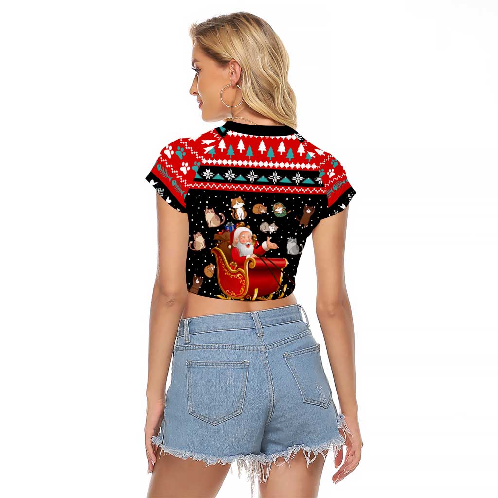 Funny Santa Raglan Cropped T Shirt with Cats for Everybody Quote and Red Christmas Pattern - Wonder Print Shop