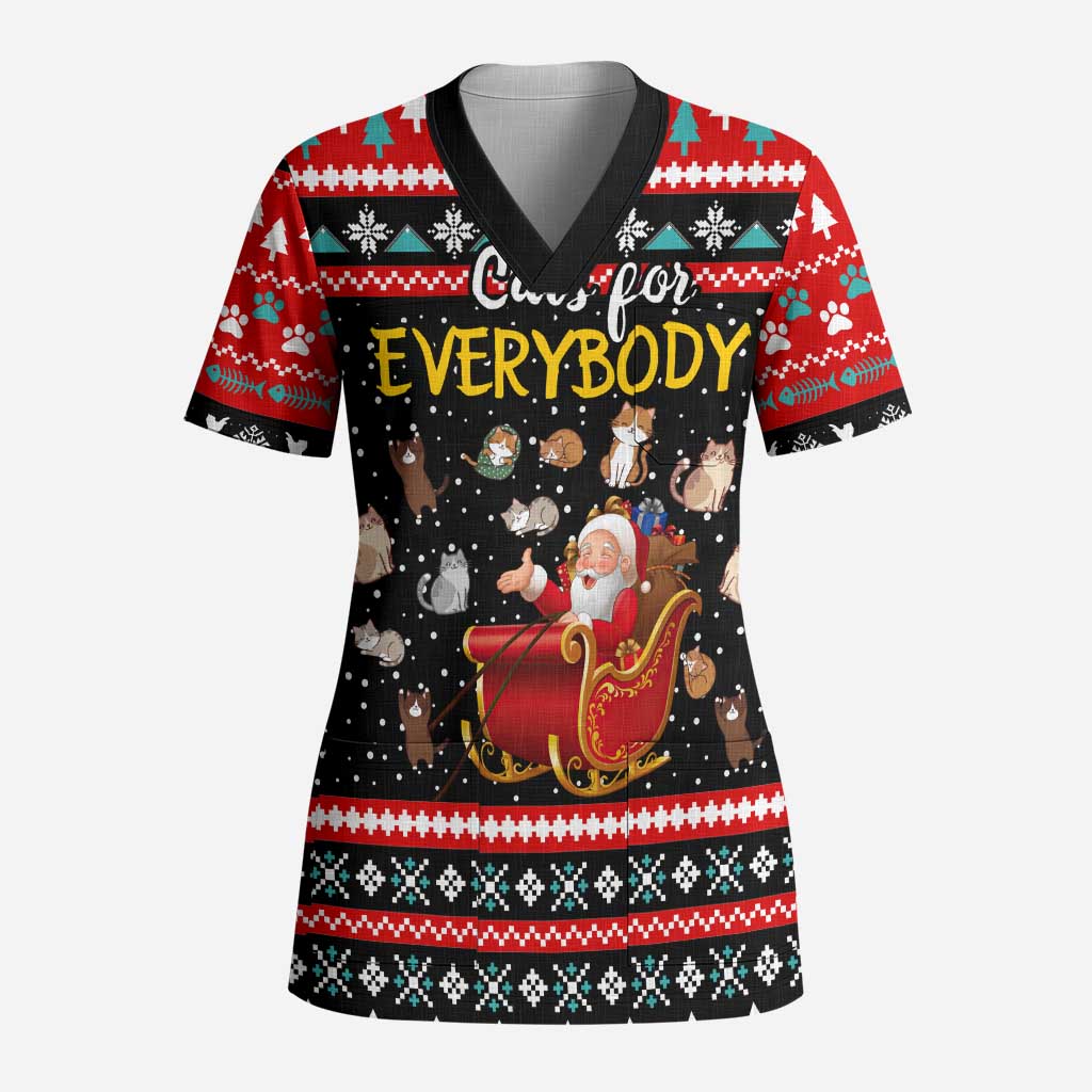 Funny Santa Scrub Top with Cats for Everybody Quote and Red Christmas Pattern - Wonder Print Shop