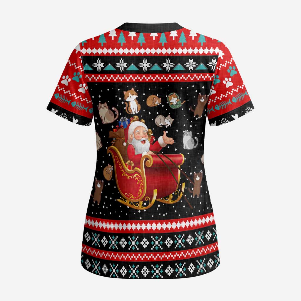 Funny Santa Scrub Top with Cats for Everybody Quote and Red Christmas Pattern - Wonder Print Shop