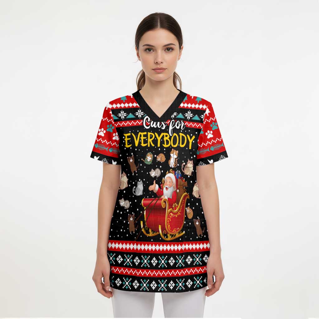 Funny Santa Scrub Top with Cats for Everybody Quote and Red Christmas Pattern - Wonder Print Shop