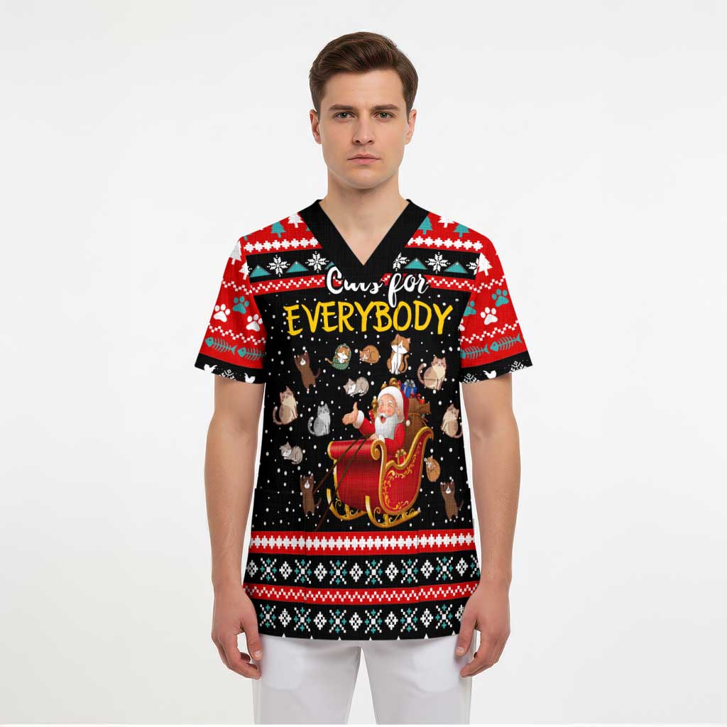 Funny Santa Scrub Top with Cats for Everybody Quote and Red Christmas Pattern - Wonder Print Shop