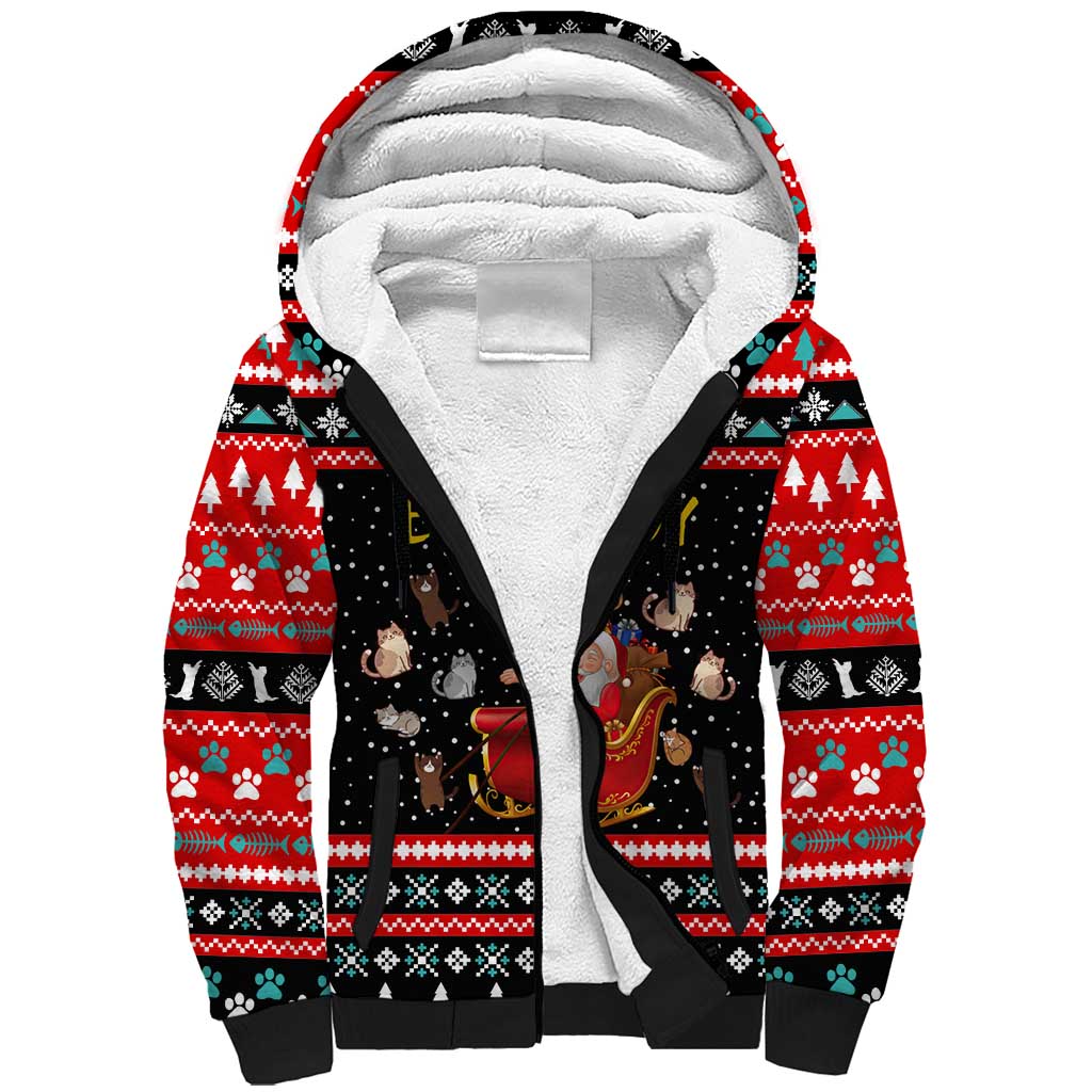 Funny Santa Sherpa Hoodie with Cats for Everybody Quote and Red Christmas Pattern - Wonder Print Shop