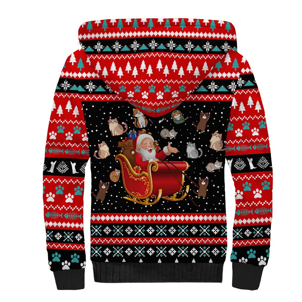 Funny Santa Sherpa Hoodie with Cats for Everybody Quote and Red Christmas Pattern - Wonder Print Shop