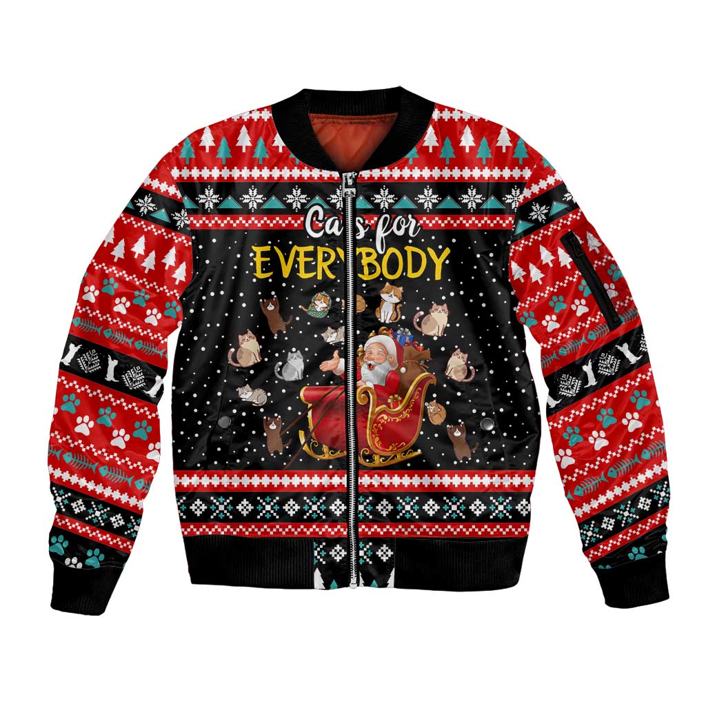 Funny Santa Sleeve Zip Bomber Jacket with Cats for Everybody Quote and Red Christmas Pattern - Wonder Print Shop