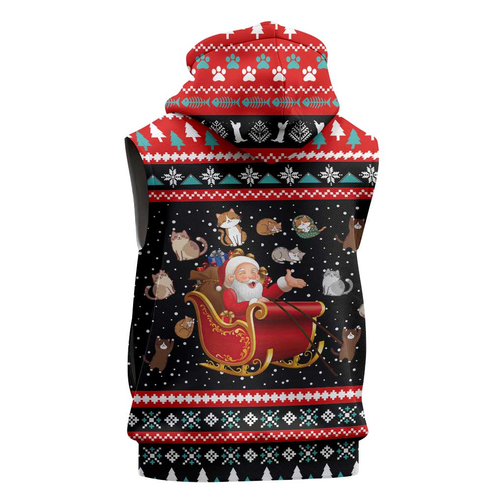 Funny Santa Sleeveless Hoodie with Cats for Everybody Quote and Red Christmas Pattern - Wonder Print Shop
