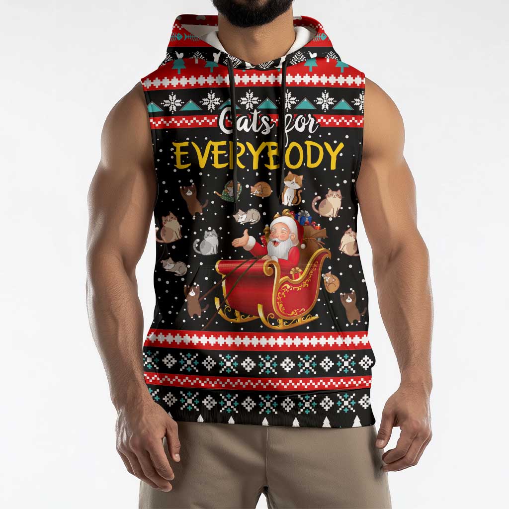 Funny Santa Sleeveless Hoodie with Cats for Everybody Quote and Red Christmas Pattern - Wonder Print Shop