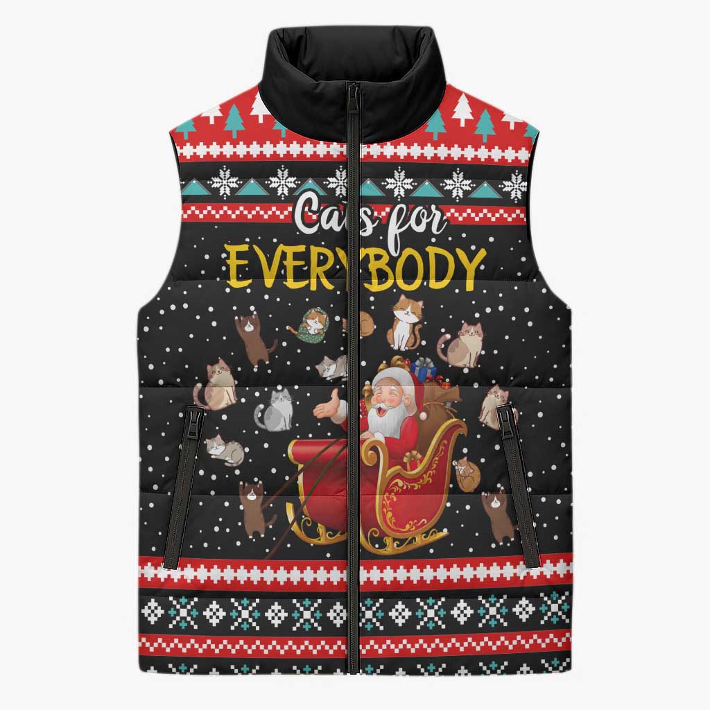 Funny Santa Sleeveless Puffer Jacket with Cats for Everybody Quote and Red Christmas Pattern - Wonder Print Shop
