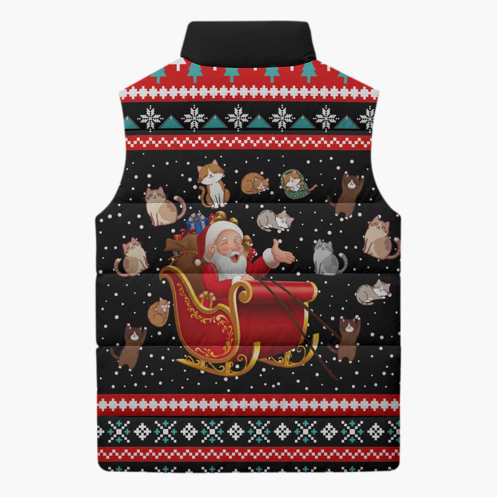 Funny Santa Sleeveless Puffer Jacket with Cats for Everybody Quote and Red Christmas Pattern - Wonder Print Shop