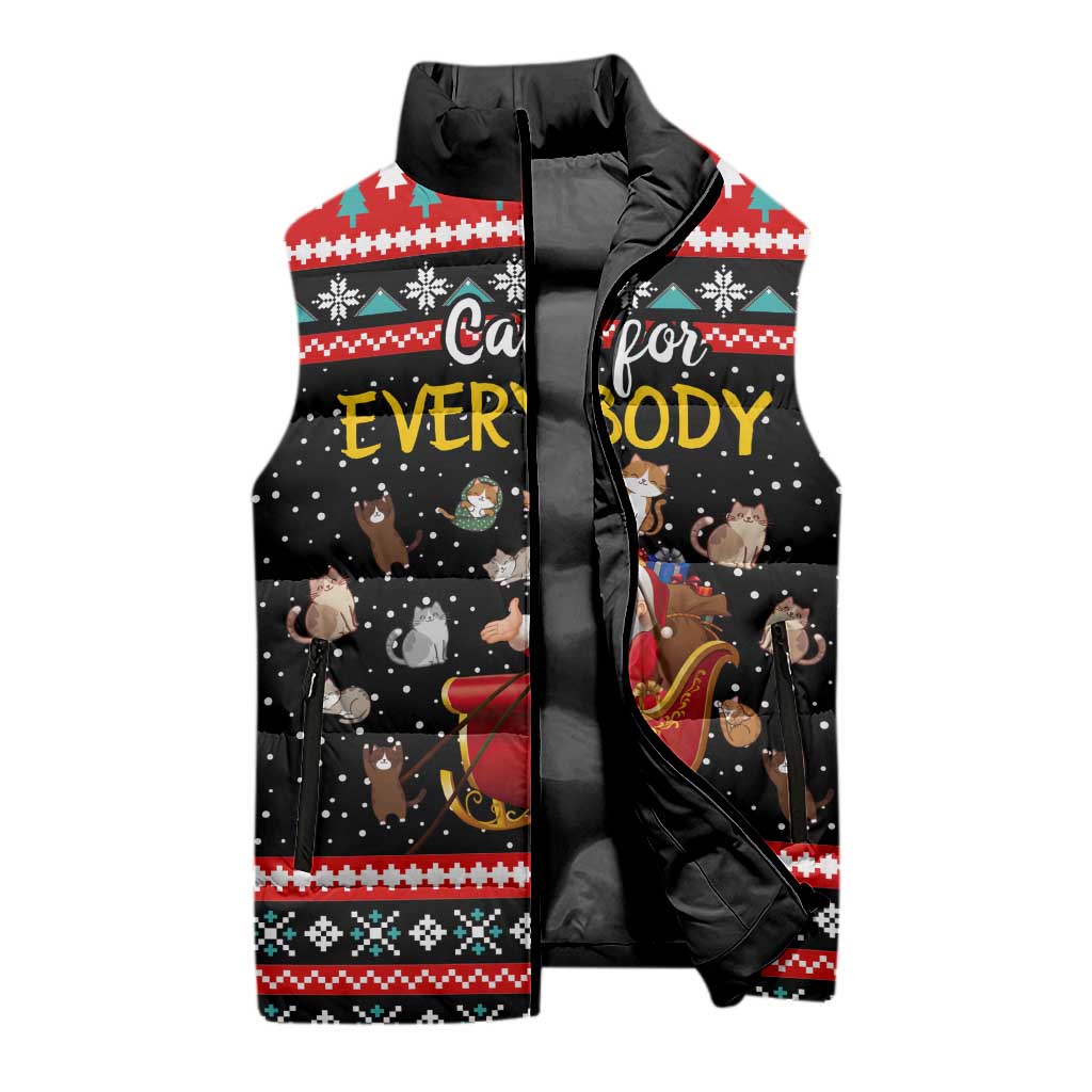Funny Santa Sleeveless Puffer Jacket with Cats for Everybody Quote and Red Christmas Pattern - Wonder Print Shop