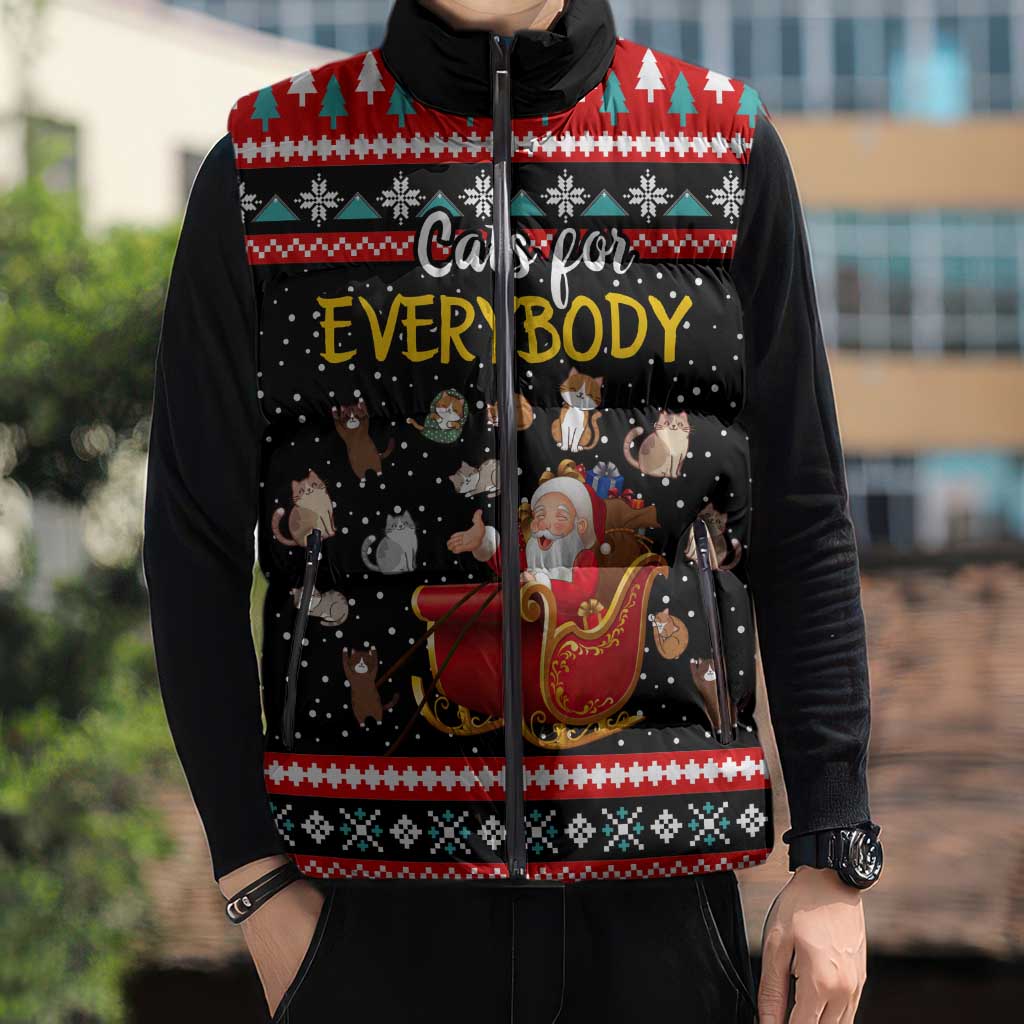 Funny Santa Sleeveless Puffer Jacket with Cats for Everybody Quote and Red Christmas Pattern - Wonder Print Shop