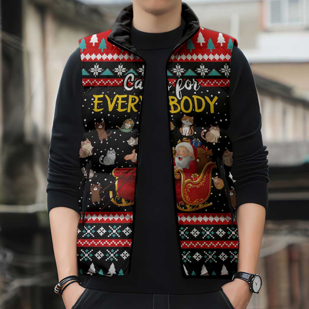 Funny Santa Sleeveless Puffer Jacket with Cats for Everybody Quote and Red Christmas Pattern - Wonder Print Shop