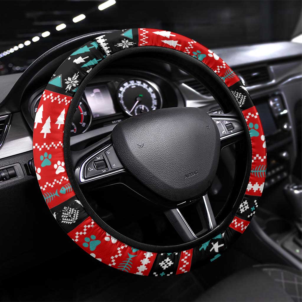 Funny Santa Steering Wheel Cover with Cats for Everybody Quote and Red Christmas Pattern - Wonder Print Shop