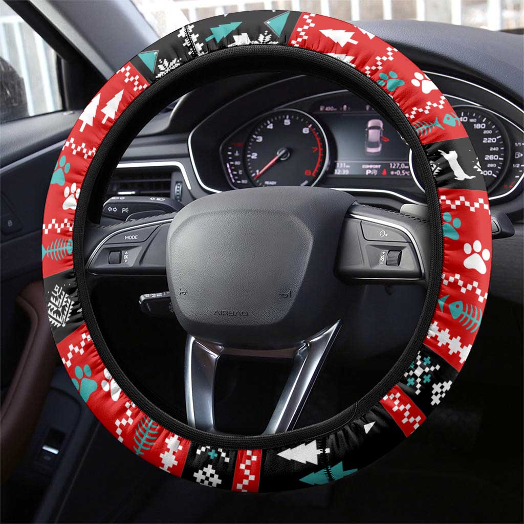 Funny Santa Steering Wheel Cover with Cats for Everybody Quote and Red Christmas Pattern - Wonder Print Shop