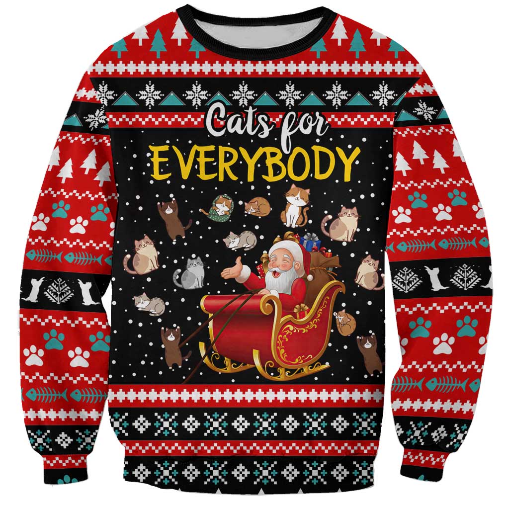 Funny Santa Sweatshirt with Cats for Everybody Quote and Red Christmas Pattern - Wonder Print Shop