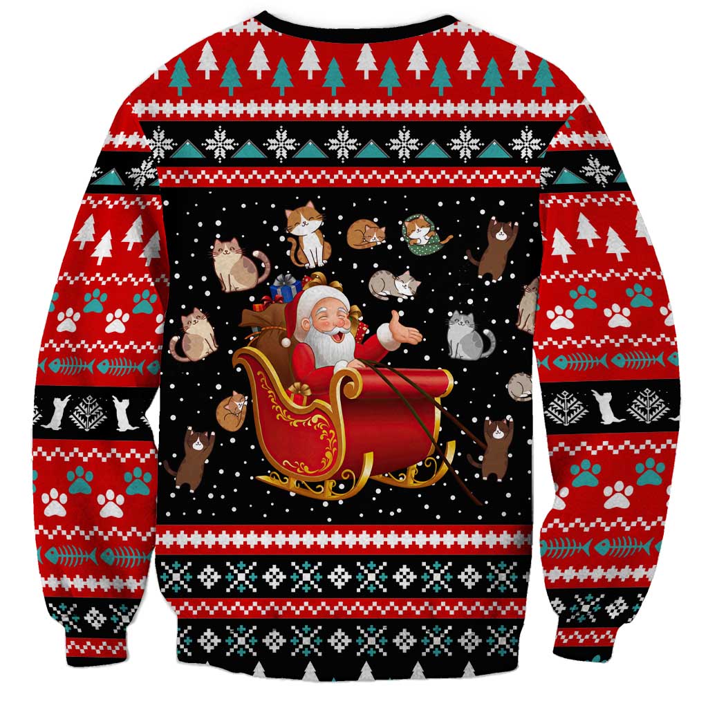 Funny Santa Sweatshirt with Cats for Everybody Quote and Red Christmas Pattern - Wonder Print Shop