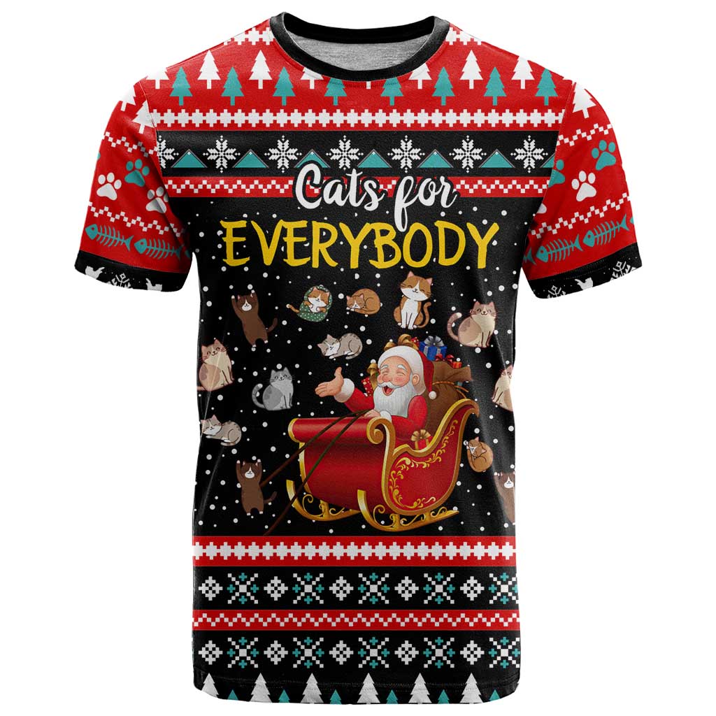Funny Santa T Shirt with Cats for Everybody Quote and Red Christmas Pattern - Wonder Print Shop