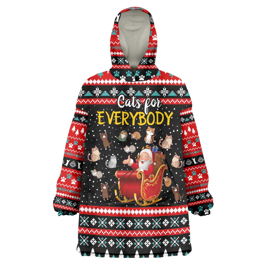 Funny Santa Wearable Blanket Hoodie with Cats for Everybody Quote and Red Christmas Pattern - Wonder Print Shop