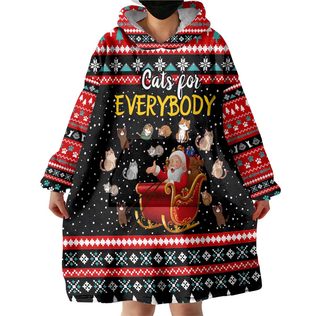 Funny Santa Wearable Blanket Hoodie with Cats for Everybody Quote and Red Christmas Pattern - Wonder Print Shop