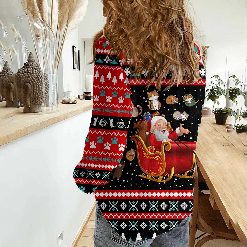 Funny Santa Women Casual Shirt with Cats for Everybody Quote and Red Christmas Pattern - Wonder Print Shop