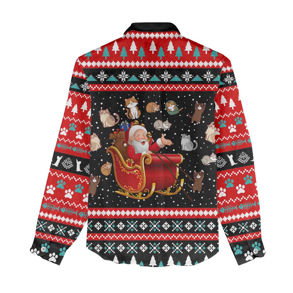 Funny Santa Women Casual Shirt with Cats for Everybody Quote and Red Christmas Pattern - Wonder Print Shop