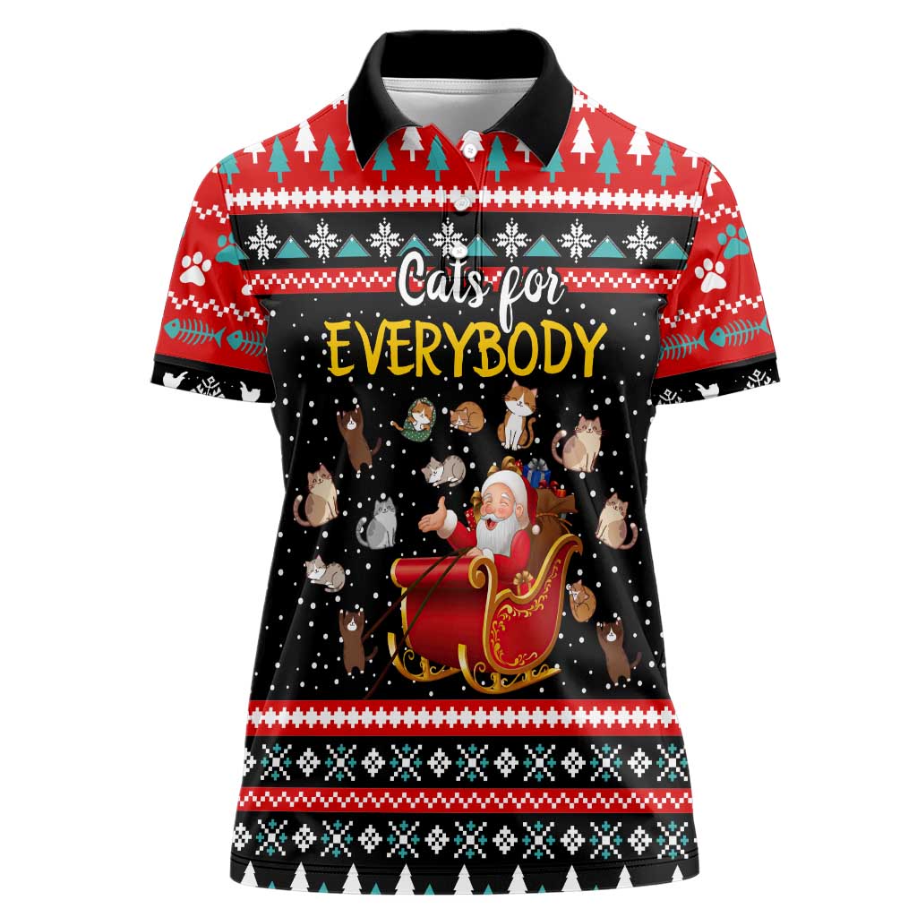 Funny Santa Women Polo Shirt with Cats for Everybody Quote and Red Christmas Pattern - Wonder Print Shop