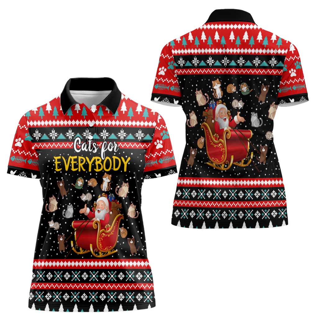 Funny Santa Women Polo Shirt with Cats for Everybody Quote and Red Christmas Pattern - Wonder Print Shop
