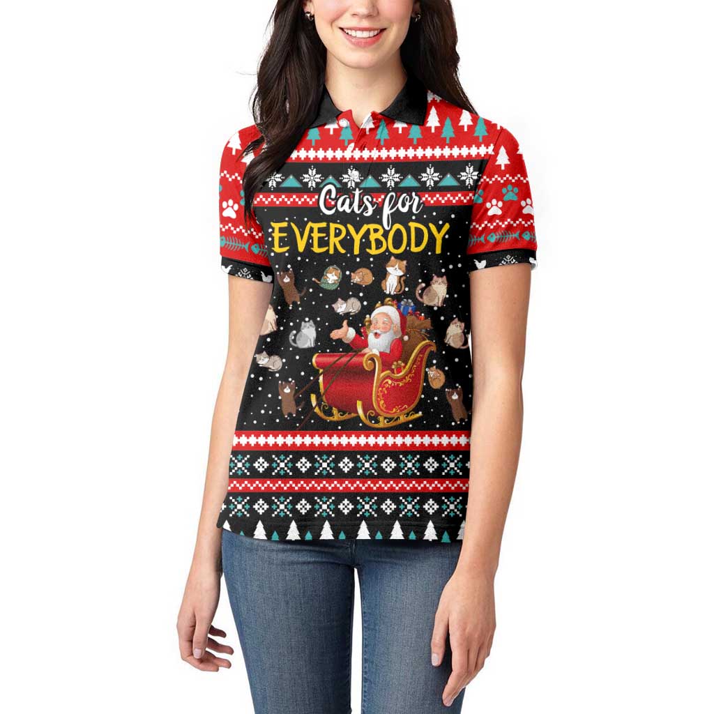Funny Santa Women Polo Shirt with Cats for Everybody Quote and Red Christmas Pattern - Wonder Print Shop