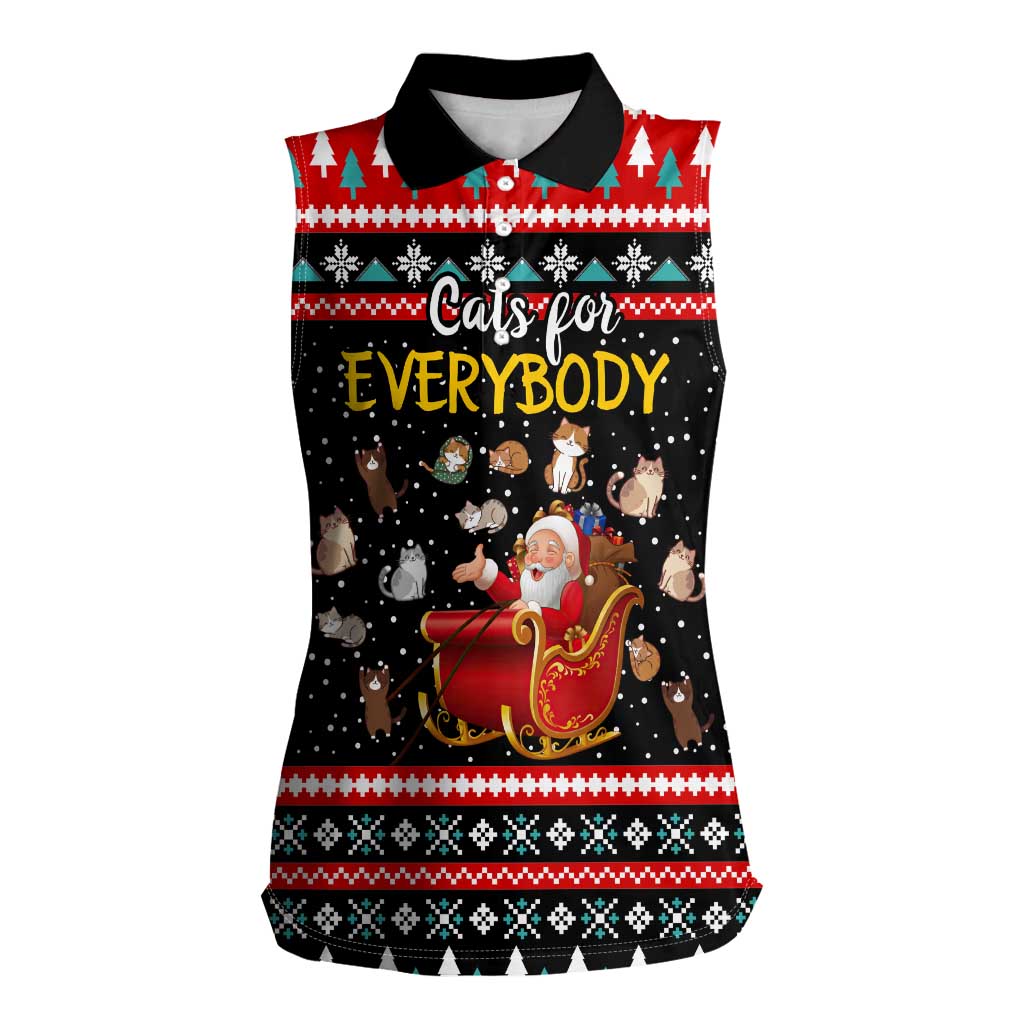 Funny Santa Women Sleeveless Polo Shirt with Cats for Everybody Quote and Red Christmas Pattern - Wonder Print Shop