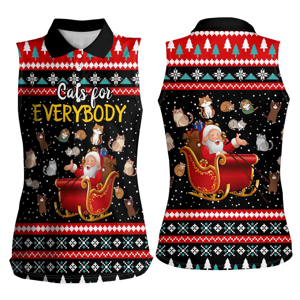 Funny Santa Women Sleeveless Polo Shirt with Cats for Everybody Quote and Red Christmas Pattern - Wonder Print Shop
