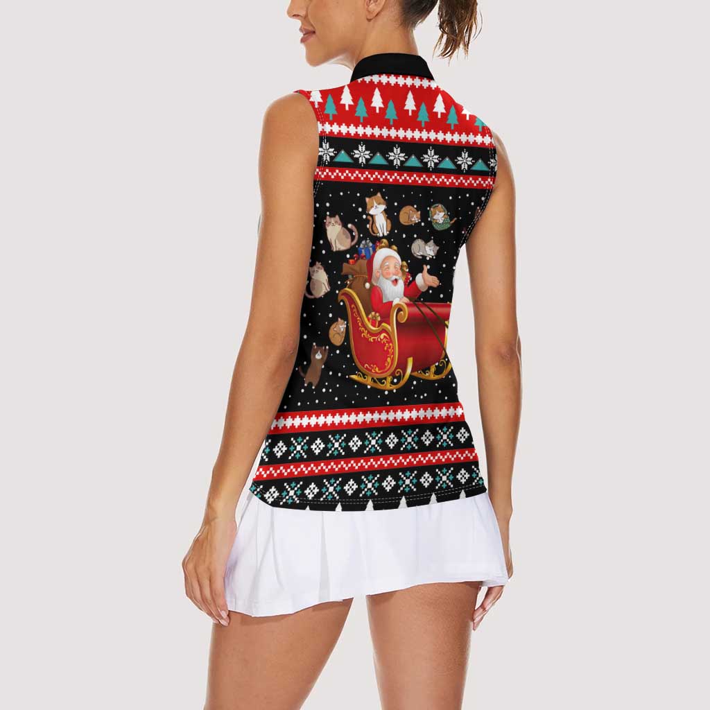 Funny Santa Women Sleeveless Polo Shirt with Cats for Everybody Quote and Red Christmas Pattern - Wonder Print Shop