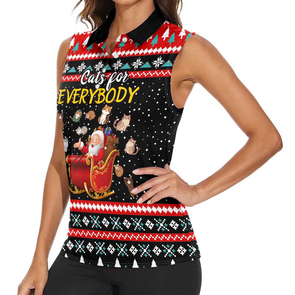 Funny Santa Women Sleeveless Polo Shirt with Cats for Everybody Quote and Red Christmas Pattern - Wonder Print Shop