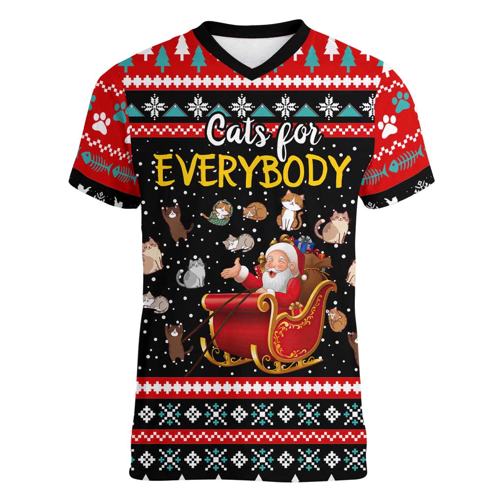 Funny Santa Women V-Neck T-Shirt with Cats for Everybody Quote and Red Christmas Pattern - Wonder Print Shop