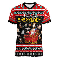 Funny Santa Women V-Neck T-Shirt with Cats for Everybody Quote and Red Christmas Pattern - Wonder Print Shop