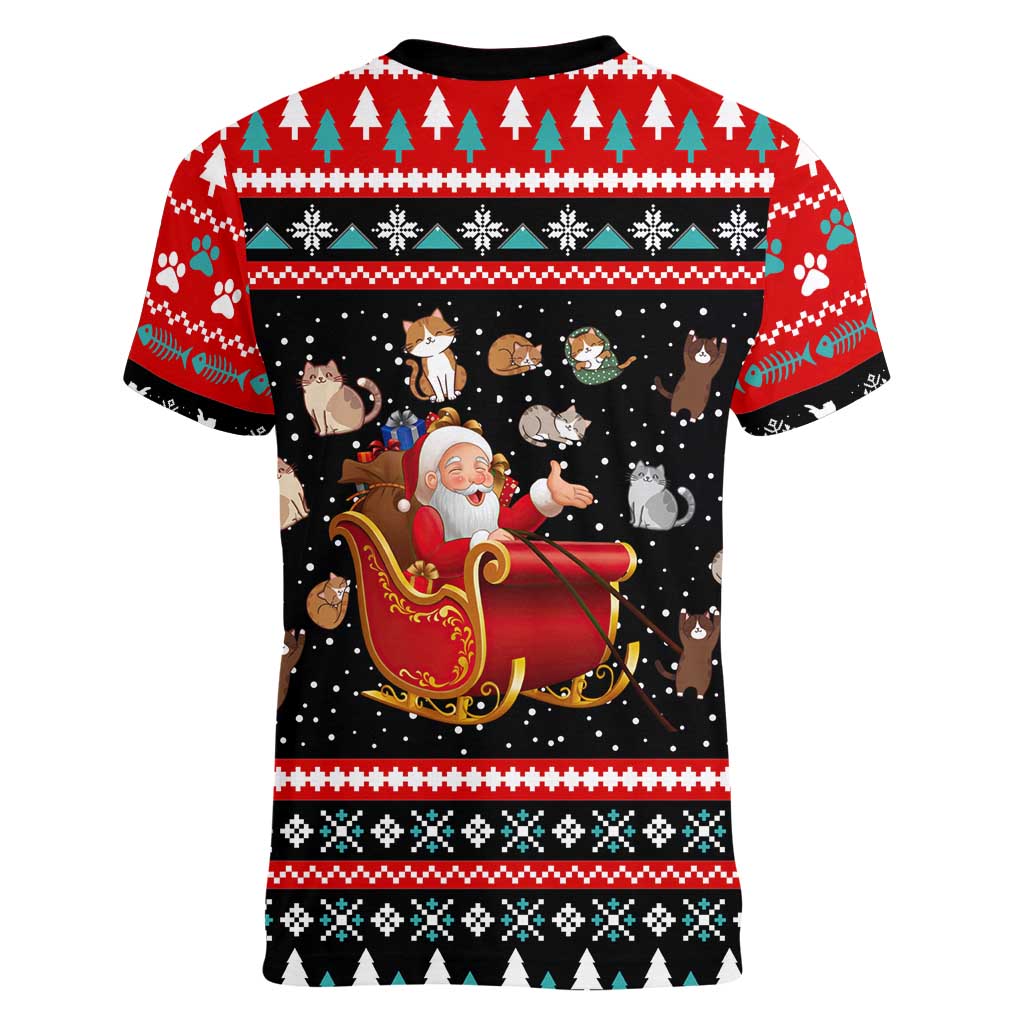 Funny Santa Women V-Neck T-Shirt with Cats for Everybody Quote and Red Christmas Pattern - Wonder Print Shop