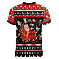 Funny Santa Women V-Neck T-Shirt with Cats for Everybody Quote and Red Christmas Pattern - Wonder Print Shop