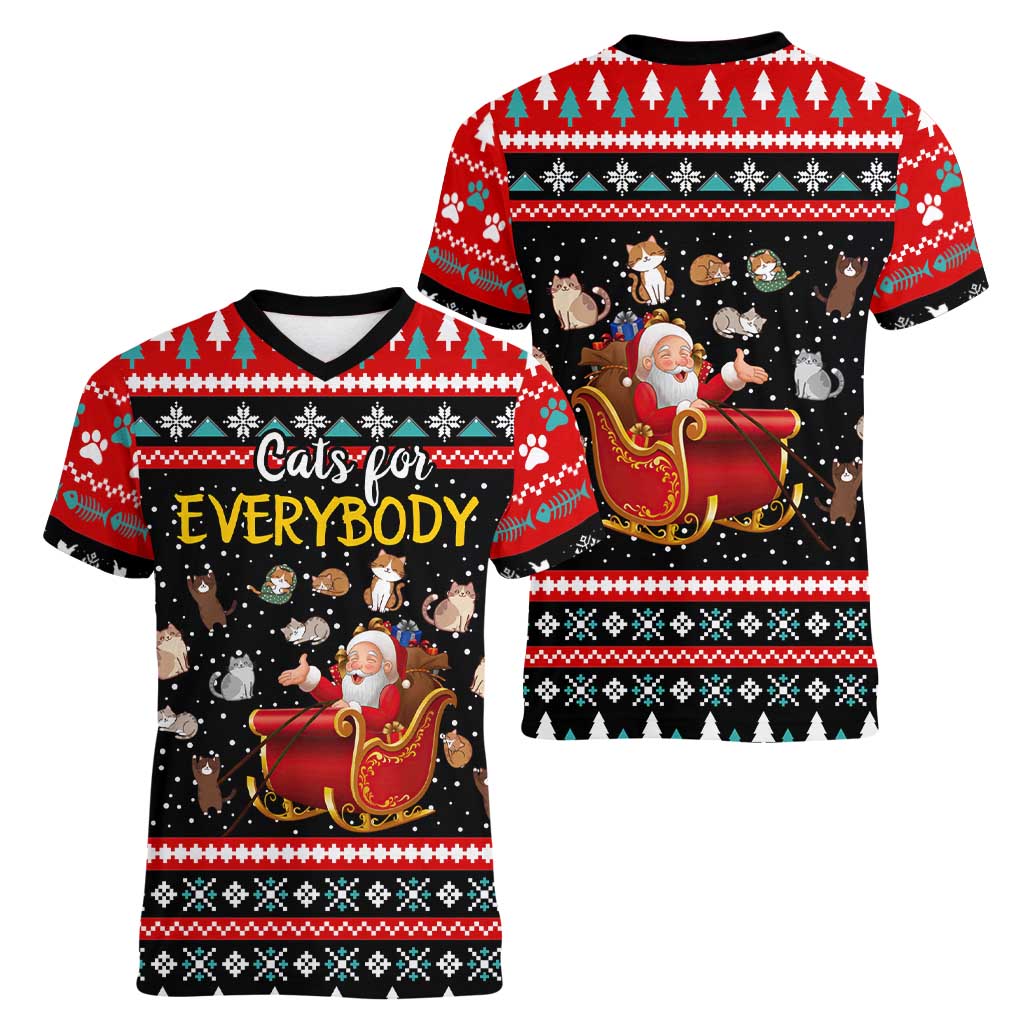 Funny Santa Women V-Neck T-Shirt with Cats for Everybody Quote and Red Christmas Pattern - Wonder Print Shop