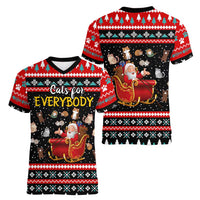 Funny Santa Women V-Neck T-Shirt with Cats for Everybody Quote and Red Christmas Pattern - Wonder Print Shop